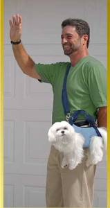 man carrying a dog as a purse 